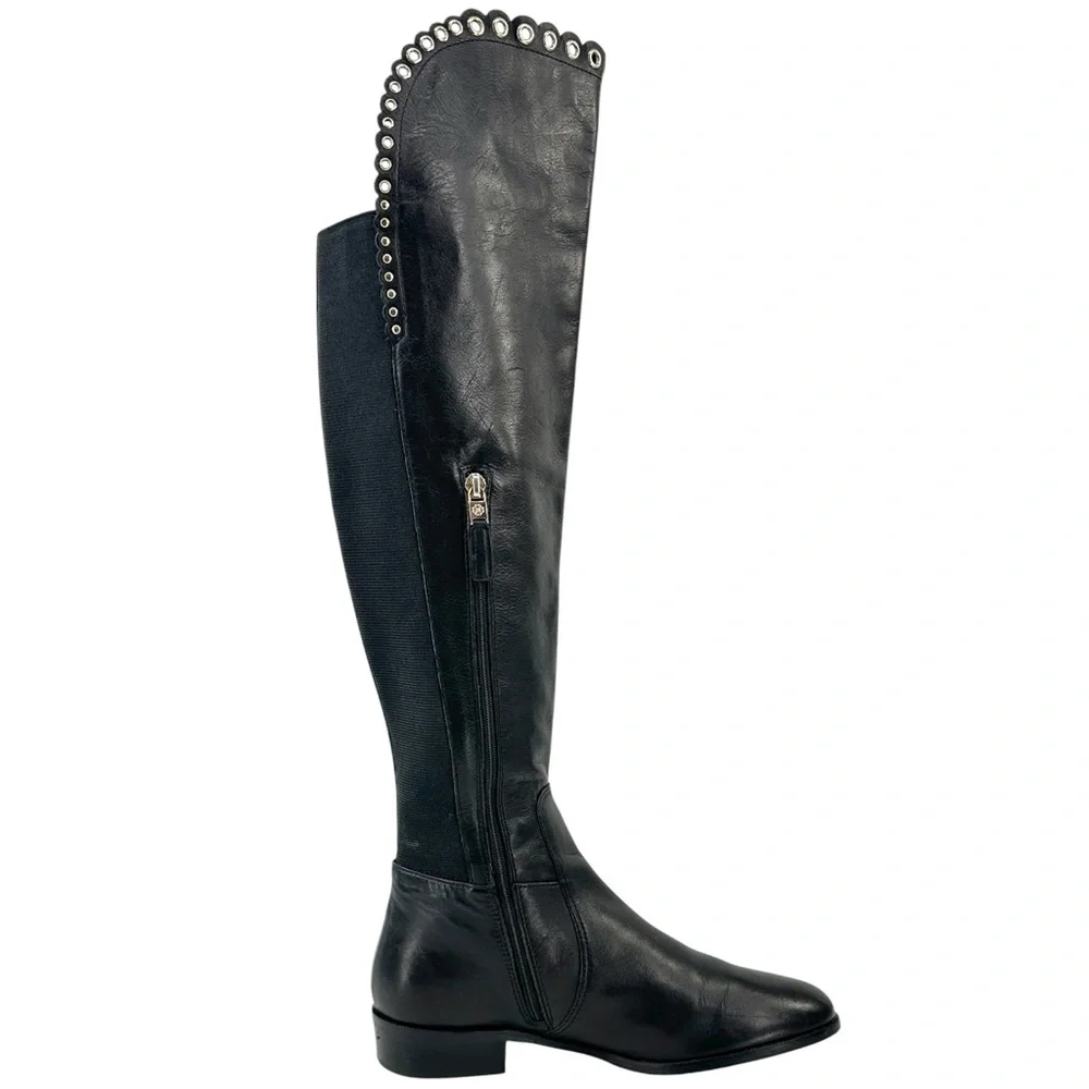 LK Bennett Black Leather Grommet Detail Over the Knee Flat Tall Riding Boots
